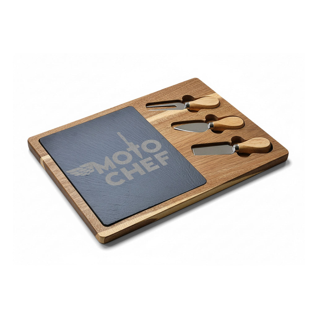 Engraved Acacia Charcuterie Board with Slate & Knife Set — "Moto Chef"