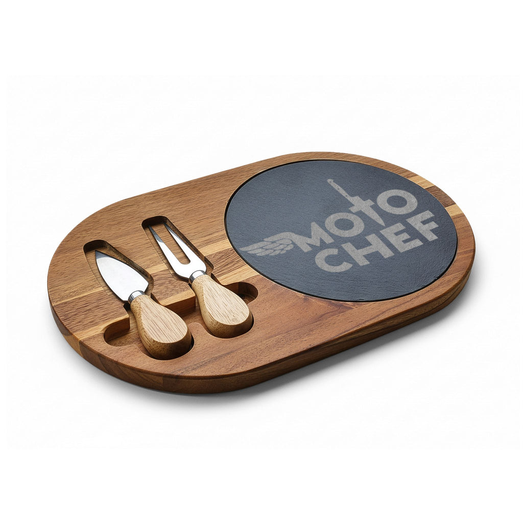 Engraved Acacia Charcuterie Board Set — MotoChef Slate Insert & Cheese Tools