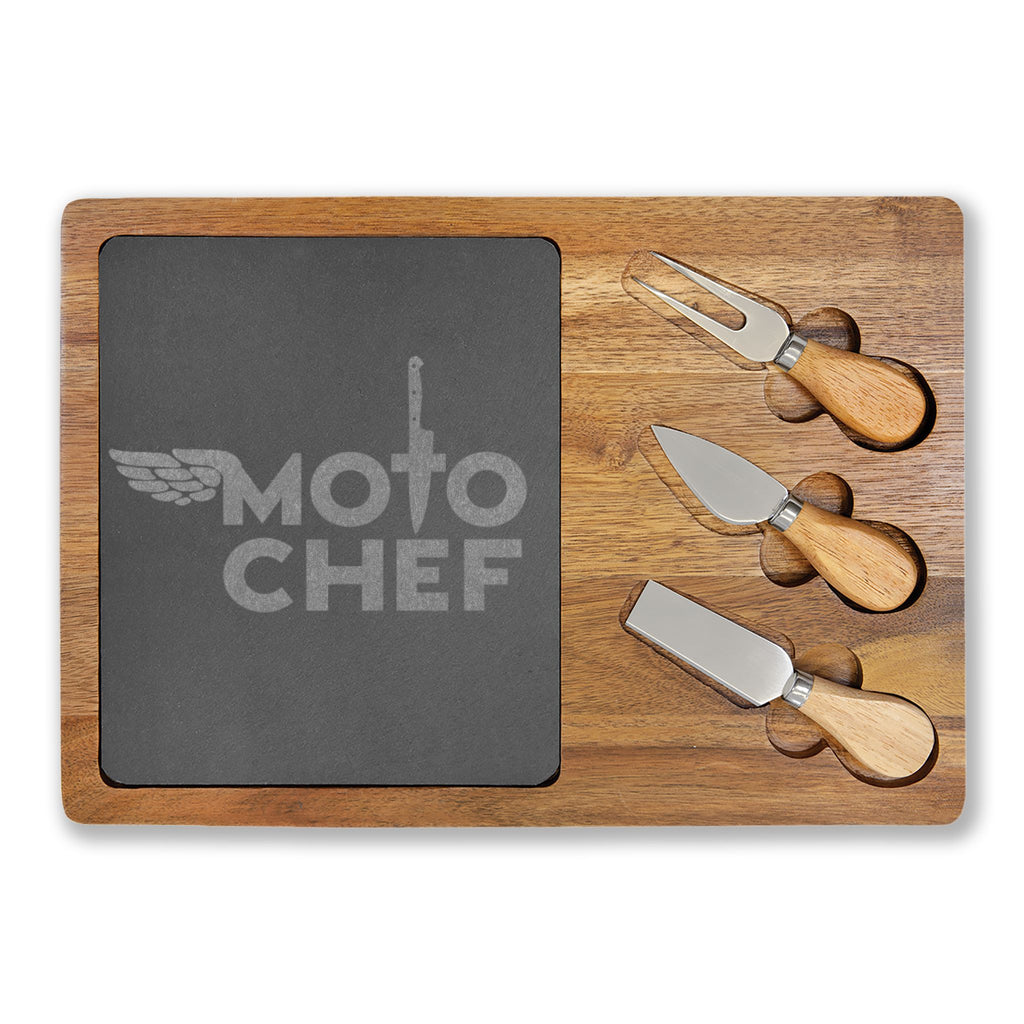 Engraved Acacia Charcuterie Board with Slate & Knife Set — "Moto Chef"